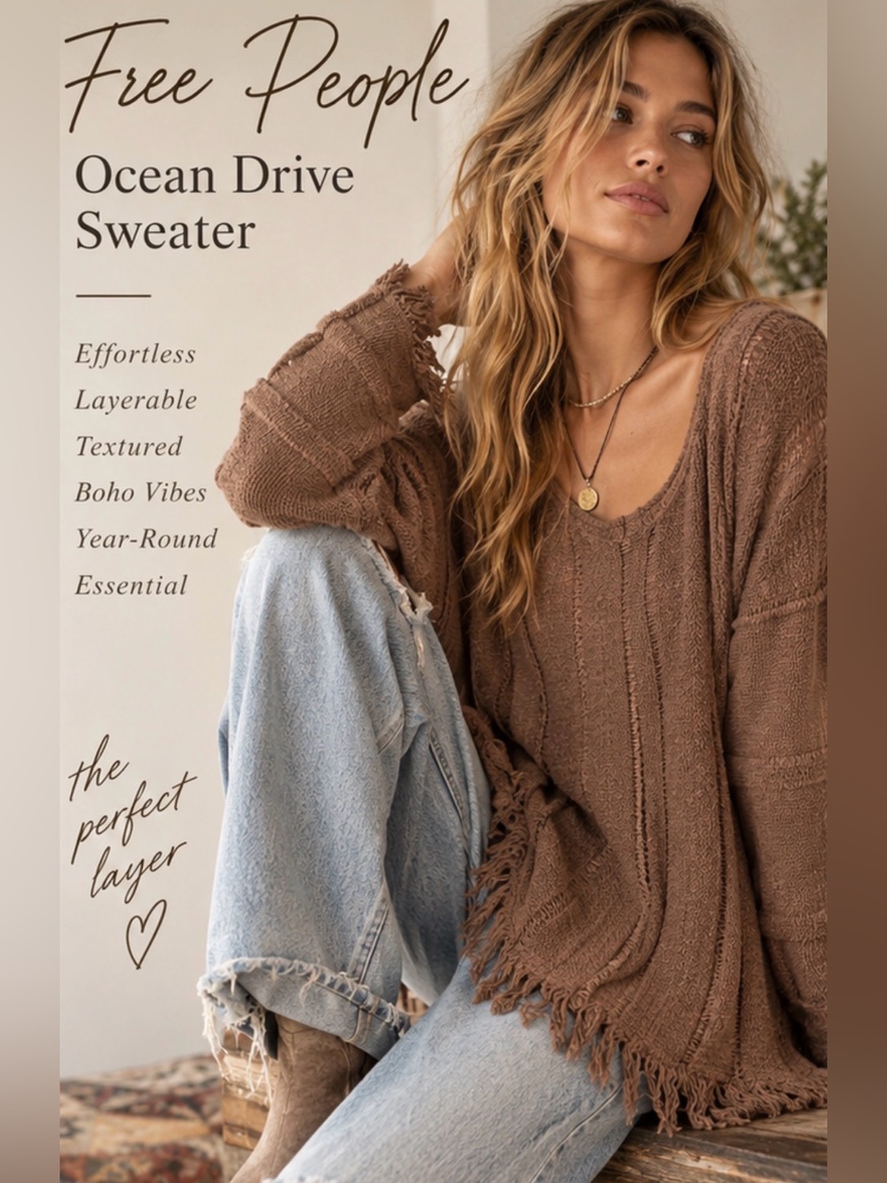 Free People Ocean Drive Hazelnut Frayed Hem Sweater Size L NWT